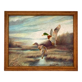 Mallard Duck Embroidery Art Flying Bird Signed Vintage Rustic Cabin Decor For Sale