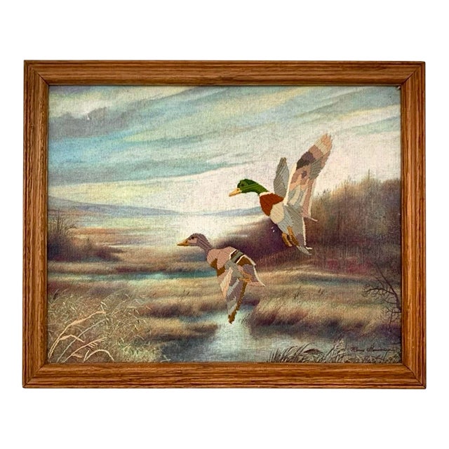 Mallard Duck Embroidery Art Flying Bird Signed Vintage Rustic Cabin Decor For Sale