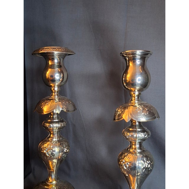 Metal Antique Polish Judaica Silver Plated Shabbat Candlesticks Chaim Grun Warsaw 12" For Sale - Image 7 of 18