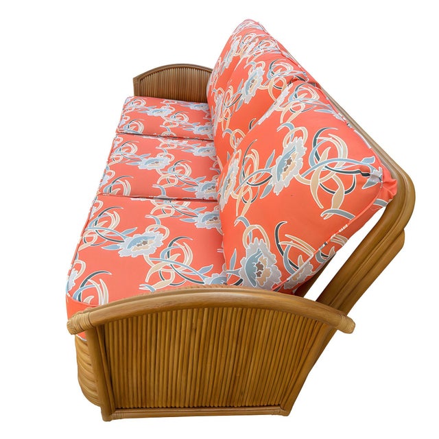 1980s Restored 1930s "Golden Girls" Rattan "Fan Arm" Three-Seat One Piece Sofa For Sale - Image 5 of 8