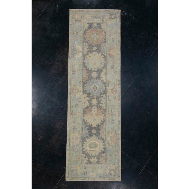 Turkish Oushak Runner Rug Muted Blue & Beige Handwoven Wool Rug 2'9" X 8'10" For Sale - Image 9 of 9