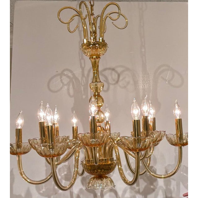 Original retail $6950, timeless Myran Allan Luxury Lighting Italian Amber Glass Chandelier, gold plate frame, showroom...