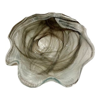 Modernist Art Glass Bowl Textured Console Bowl in White and Charcoal For Sale