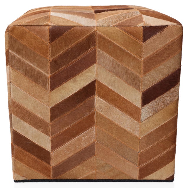 Contemporary Handmade Tan Chevron Cowhide Leather Ottoman Pouf 18x18 Warm Cube For Sale - Image 3 of 7