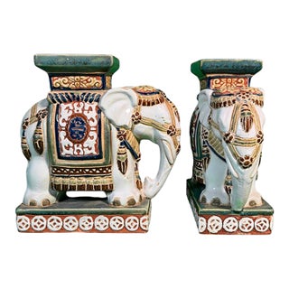Mid 20th Century Pair of Polychrome Ceramic Elephant Plant Stands With Shou Medallions For Sale