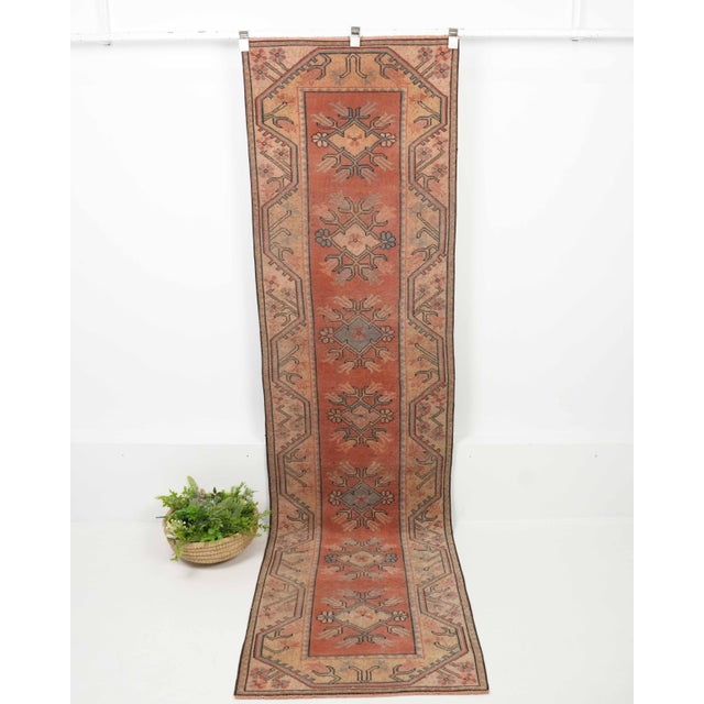1970s Vintage Turkish Handmade Wool Cotton Orange Runner Rug For Sale - Image 10 of 11