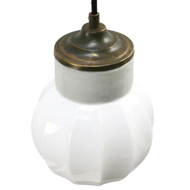 Mid-Century Modern Vintage Industrial White Porcelain & Opaline Glass Brass Pendant Light For Sale - Image 3 of 9