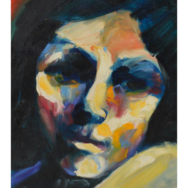 Vibrant fauvist portrait of a woman by Sarena Rosenfeld (American, b. 1940), 1995. The piece is close cropped on the...