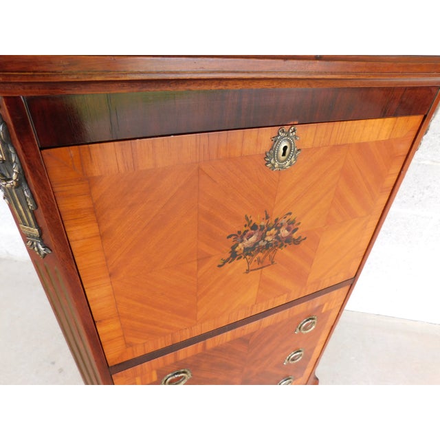 French Antique French Louis XV Marquetry Secretary Desk For Sale - Image 3 of 18