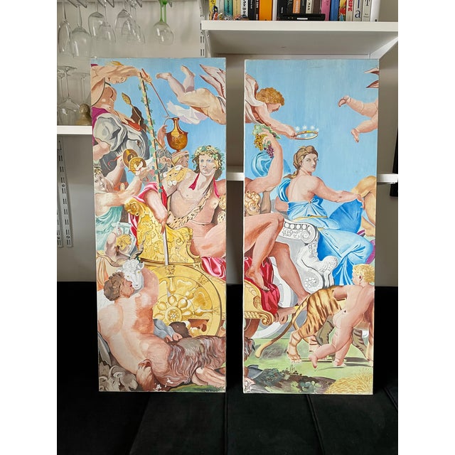 Diptych made from old theatrical backdrops, depicting a spectacular scene celebrating the triumph of Bacchus and Ariadne....