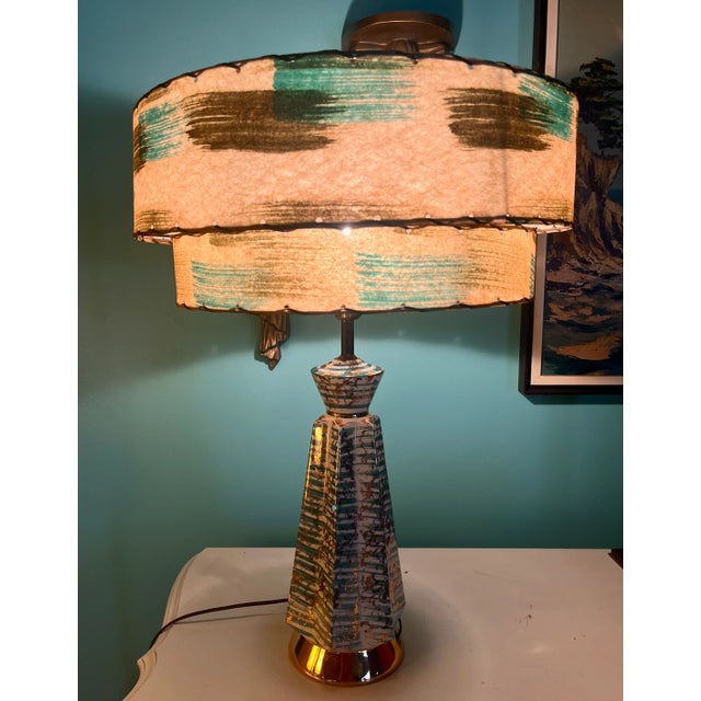 Mid 20th Century Table Lamps Pair With Fiberglass Shades, Turquoise and Gold, Excellent Vintage MCM Condition! For Sale - Image 14 of 15
