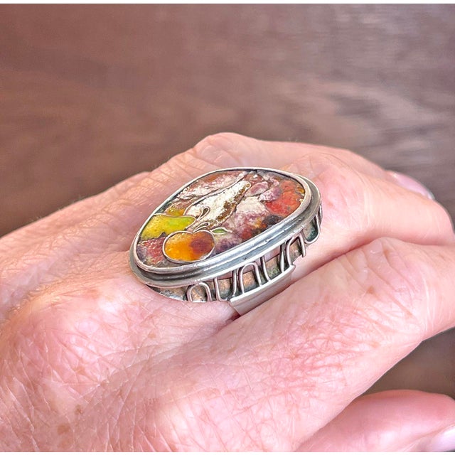 1910s Enamel Still Life Silver Ring Size 7.5 For Sale - Image 9 of 11