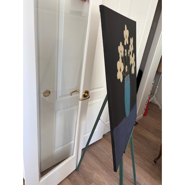 Original artisan, painting on canvas of happy creamy, vibrant bouquet of flowers in a bold cerulean blue vase. Cheerful...