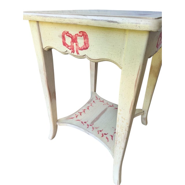 Italian Vintage European Style Hand-Painted Side Table – Italian-Style Cream Finish With Red Bow Motif – Distressed Country Accent For Sale - Image 3 of 9