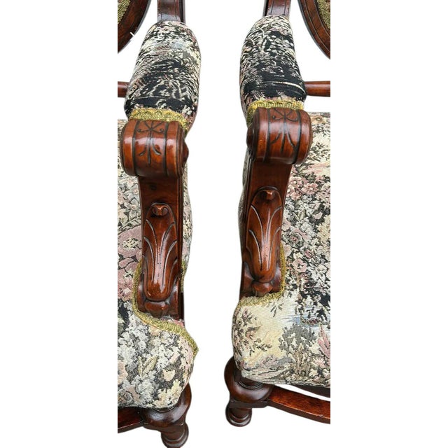 Rare Pair of Antique Medallion Back Parlor Armchairs – Ornate Carved Wood & Floral Tapestry For Sale - Image 11 of 12