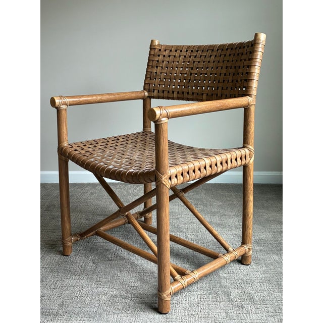 Vintage Coastal Woven Leather Strap Armchair / Campaign Style Lounge Chair For Sale - Image 4 of 6