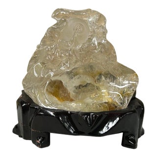Natural Clear Crystal Koi Gold Fishes Wave Display on Wood Stand For Sale