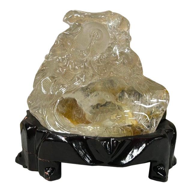 Natural Clear Crystal Koi Gold Fishes Wave Display on Wood Stand For Sale