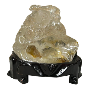 Natural Clear Crystal Koi Gold Fishes Wave Display on Wood Stand
