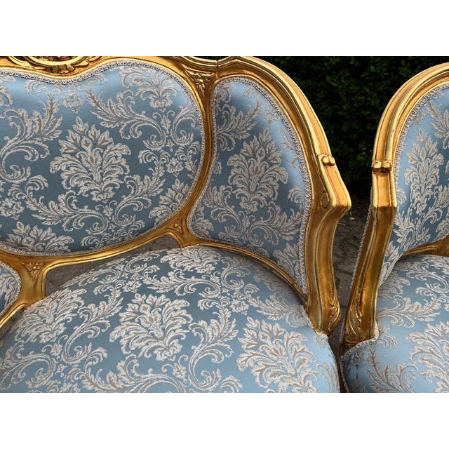 1940 French Louis XVI Gold Beech Damask Sofa Set - 5 PCS For Sale - Image 15 of 18