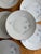 Hutschenreuther China 1950s Set of Seven (7) Hutschenreuther Caribe Salad Plates 7.75 Inch German Porcelain White Blue Gray Platinum Rim Minimalist For Sale - Image 4 of 6