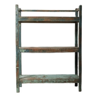 Handcrafted Wooden Shelf With Original Distressed Blue-Green Paint For Sale