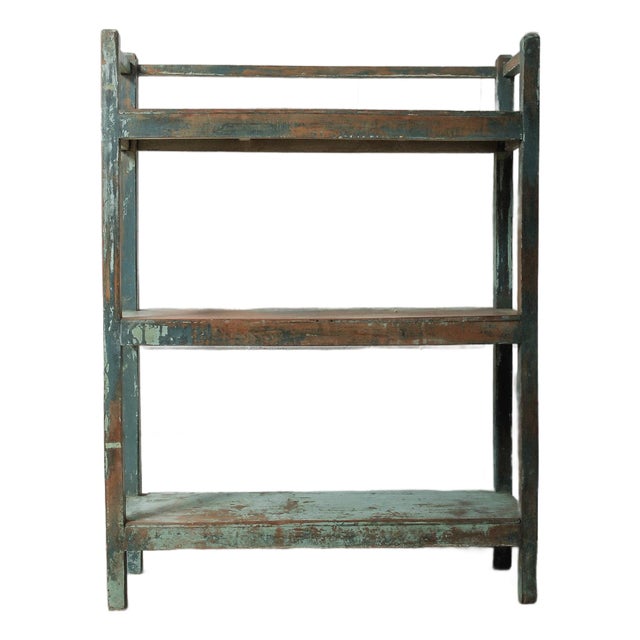 Handcrafted Wooden Shelf With Original Distressed Blue-Green Paint For Sale