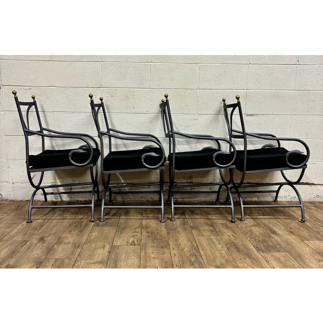 Black Vintage Iron & Brass Curule Italian Savonarola Dante Style Saddle Dining Chairs For Sale - Image 8 of 11