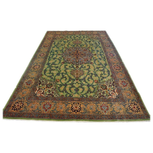 Persian Antique Persian Tabriz 7X10 Green, Yellow & Red Handmade Area Rug #9902847 For Sale - Image 3 of 4