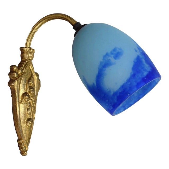 Art Deco Wall Sconce in Gilt Bronze and Blue Glass Paste, 1930s For Sale