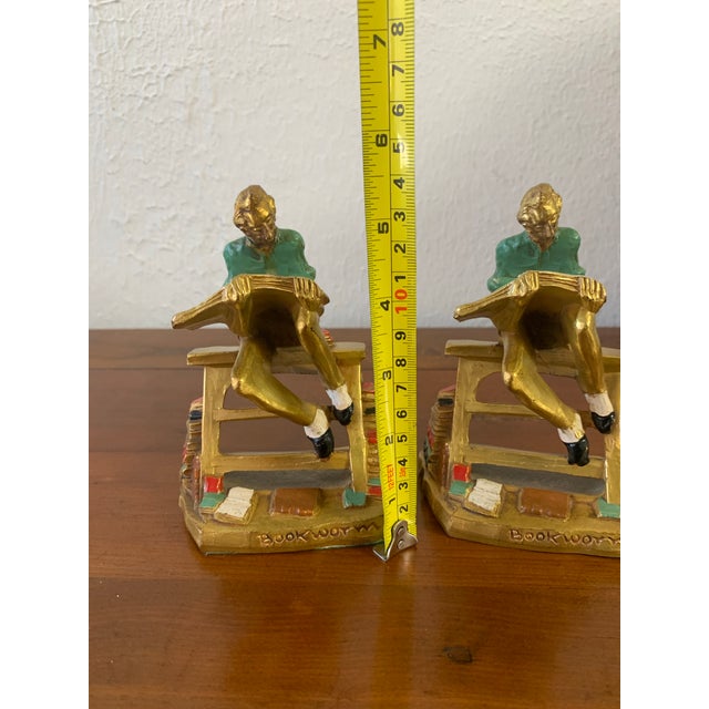 Vintage “Bookworm” Figural Cast Iron Bookends – Reading Scholar Pair For Sale - Image 9 of 9