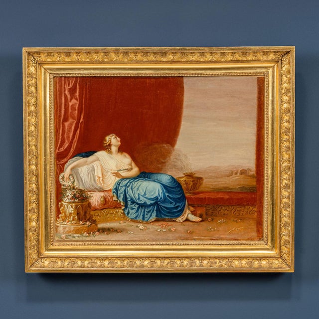 Allegory of Asia: a woman in a tunic, with a blue cloth edged with gold, is lying on a triclinium, in her right hand she...
