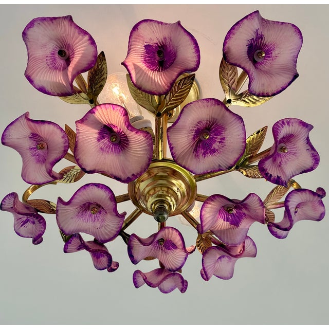 Vintage Hand-Painted Purple Glass Floral Flush Mount Chandelier For Sale - Image 9 of 17