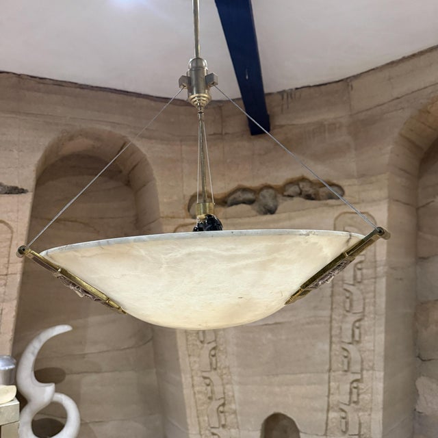 1960s Large Art Deco Alabaster Dome Pendant Chandelier Glass Figures For Sale - Image 4 of 11