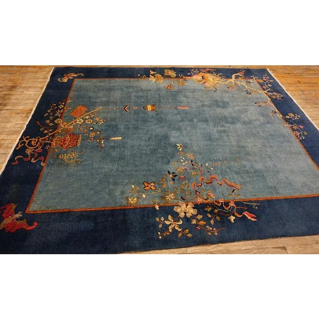 1920s 1920s Cornflowers Blue Minimalist Floral Antique Chinese Art Deco Carpet 8' X 9'9" Knotted Wool Rug For Sale - Image 5 of 15