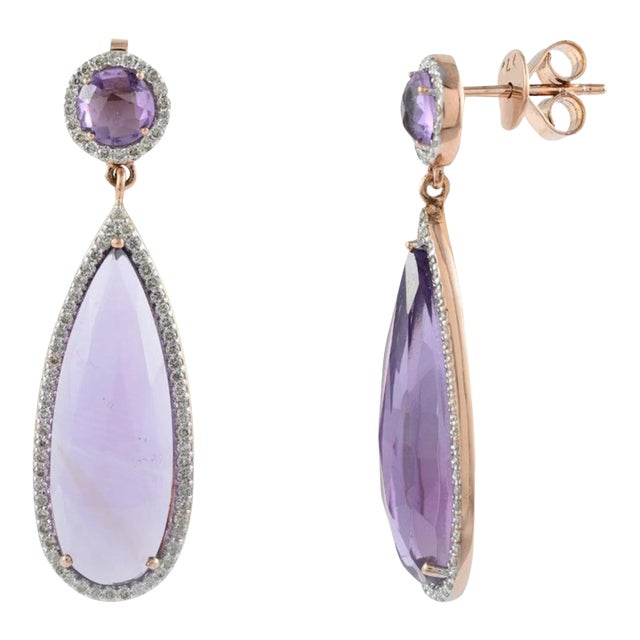 14k Rose Gold 10.77ct Amethyst Dangle Drop Art Deco Earrings - 2 Pieces For Sale