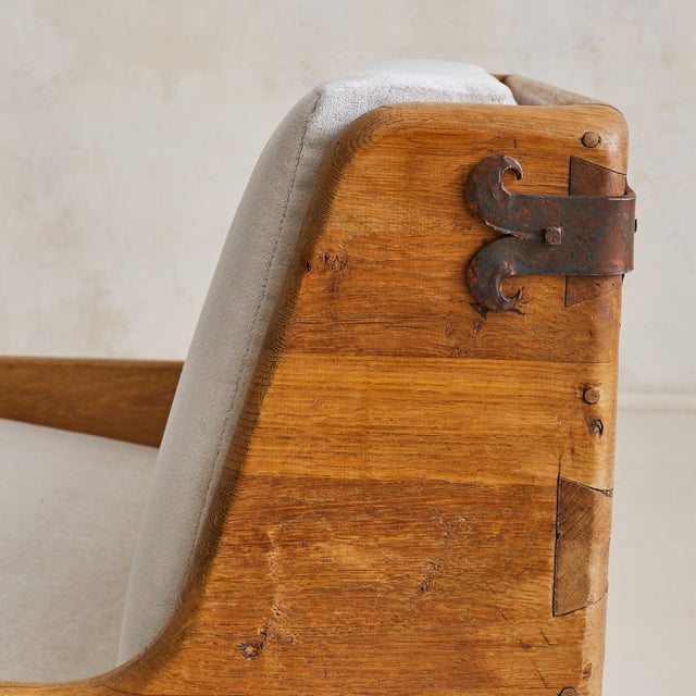 French Oak + Iron Armchair in Almond Velvet, 1950s - 2 Available For Sale - Image 10 of 11