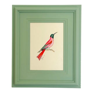 Original Hand-Painted Pink Bird Painting in a Hand-Painted Frame For Sale