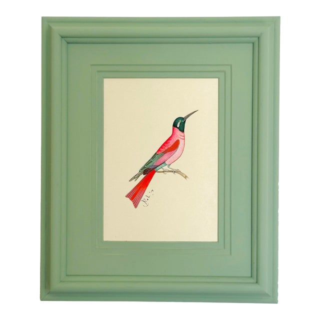 Original Hand-Painted Pink Bird Painting in a Hand-Painted Frame For Sale