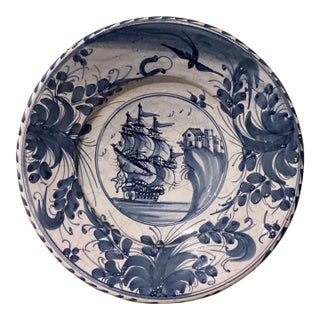 18th Century Tin-Glazed Large Ceramic Galleon Sailing Ship Wall Decor Plate by Delft For Sale