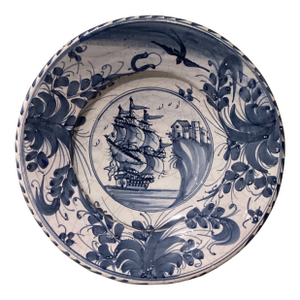 18th Century Tin-Glazed Large Ceramic Galleon Sailing Ship Wall Decor Plate by Delft