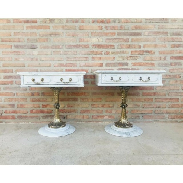 White Neoclassical Side Tables with Drawers and Marble Bases, 1950, Set of 2 For Sale - Image 8 of 14