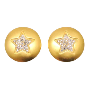 Vintage 1980s Signed Courreges Round Goldtone Pave Rhinestone Star Clip Earrings - 2 Pieces