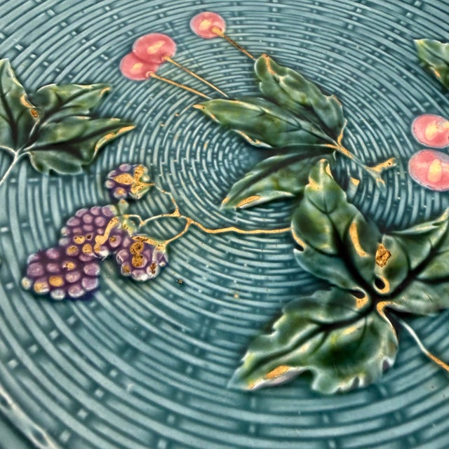 Antique Georg Schmider / Zell Majolica Basketweave Plate Cherries & Grapes For Sale - Image 4 of 10