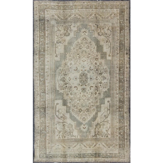 Mid 20th Century Vintage Turkish Oushak Rug With Floral Medallion Design in Ivory and Gray For Sale - Image 9 of 9