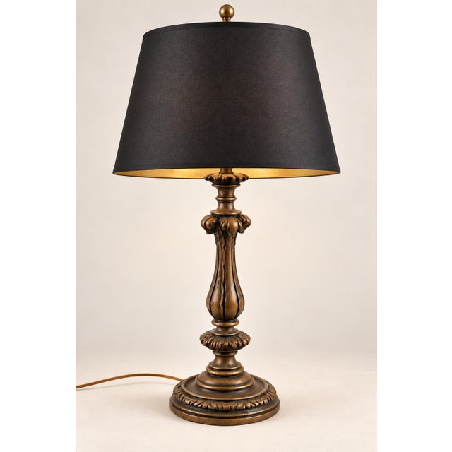 Late 20th Century Vintage Neoclassical Acanthus Table Lamp With Black and Gold-Lined Shade For Sale - Image 5 of 8