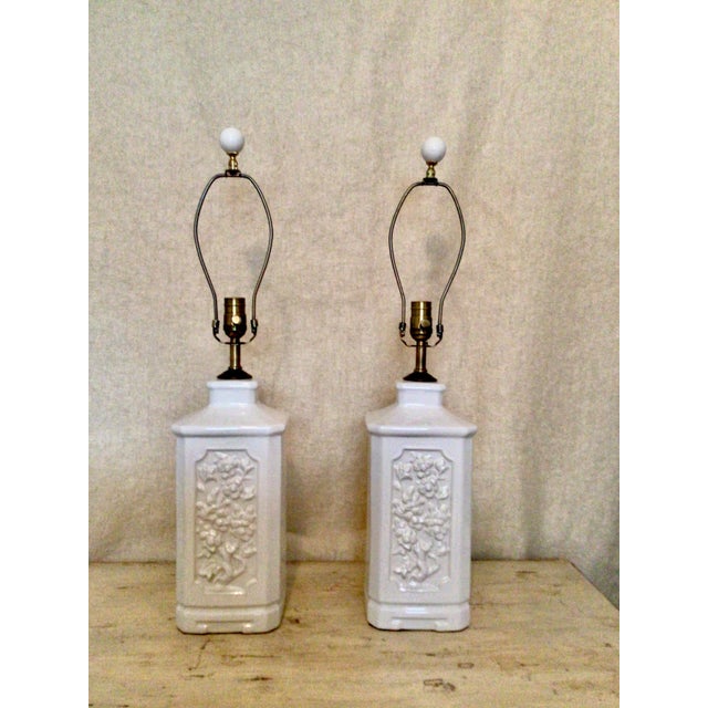Mid-Century Modern Vintage 1970s Blanc De Chine Lamps With Carved Floral Motif - A Pair For Sale - Image 3 of 6