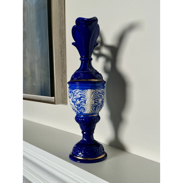 Mid 20th Century Baroque Embossed Cobalt Blue & Gold Ceramic Decorative Pitcher For Sale - Image 5 of 10