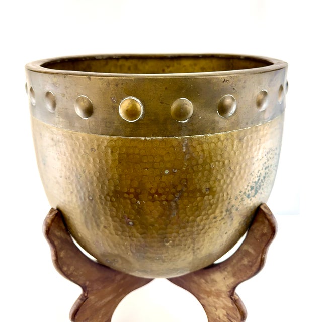 English Vintage Hammered Brass Jardiniere With Carved Wooden Stand For Sale - Image 3 of 9