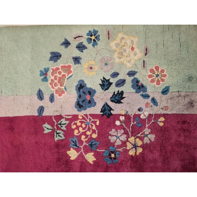 Art Deco 1920s Dark Pink Floral Antique Chinese Art Deco Rug 9'2" X 11'8" Handknotted Wool Carpet For Sale - Image 3 of 4